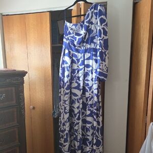 Fashion Nova Blue and White One Shoulder Dress